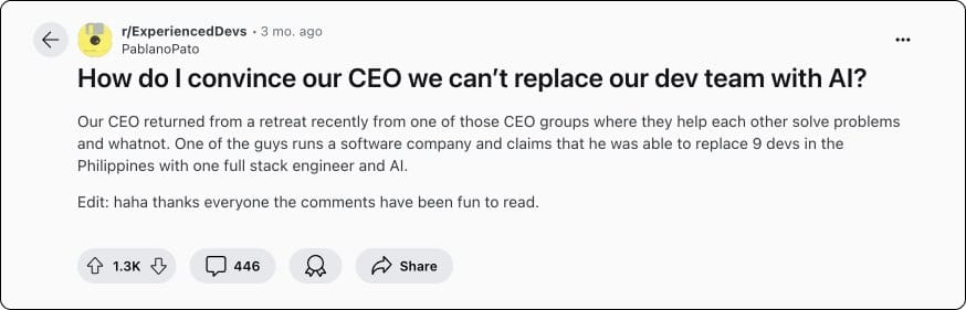 Reddit post about a CEO trying to replace developers